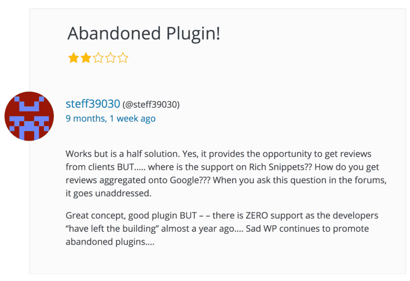 Rich Reviews Plugin is Now Secure & Part of the Starfish Family 6 Review on WP.org for Rich Reviews plugin. Titled "Abandoned Plugin!"