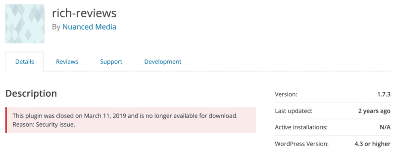Rich Reviews Plugin is Now Secure & Part of the Starfish Family 5 Rich Reviews plugin closed on WordPress.org plugin repository.