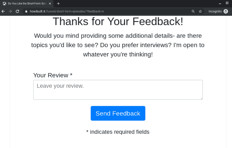 How Joe Casabona of the “How I Built It” Podcast Uses Starfish Reviews for One-Click Polling 6 Screenshot of negative review funnel