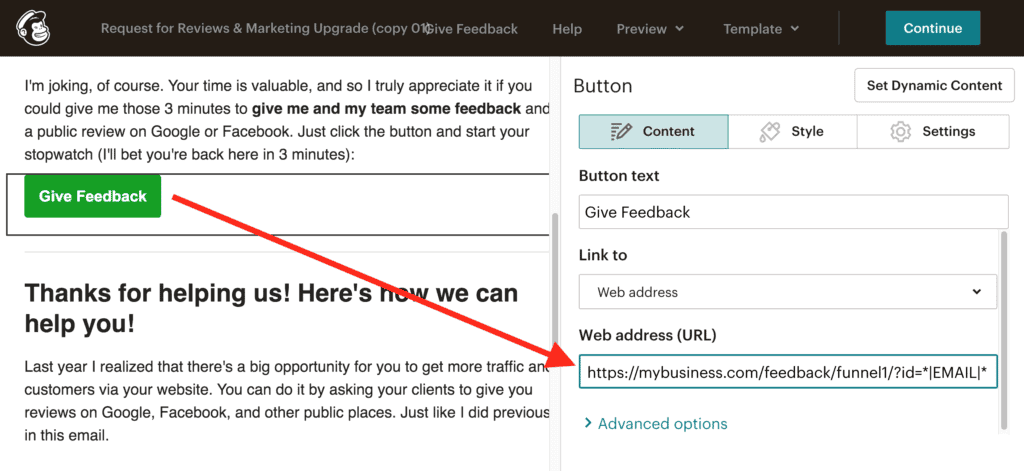 5 Cool Ways to Customize Starfish Reviews That You (Probably) Didn't Know About 5 Mailchimp button link settings for Starfish Reviews funnel ID set to subscriber's email.