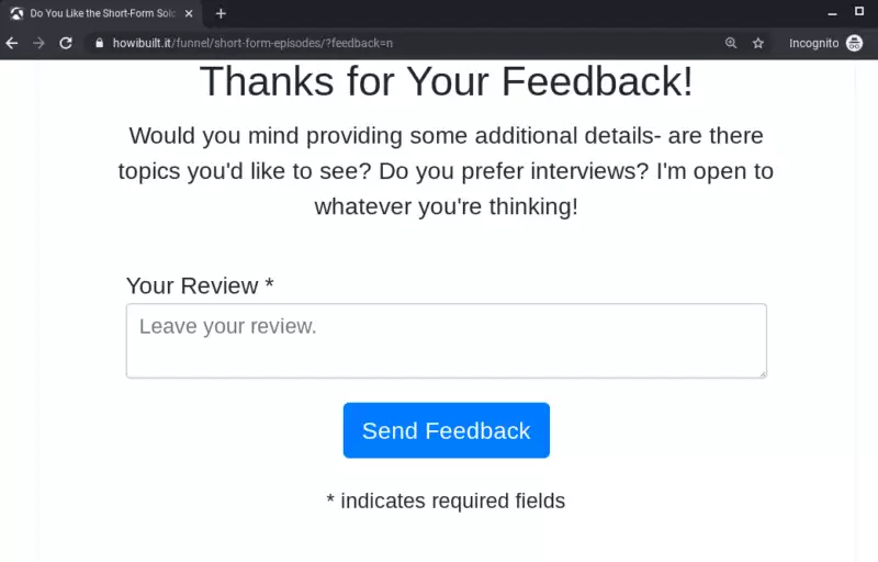 Screenshot of negative review funnel