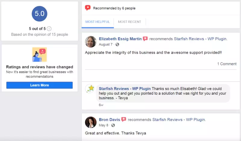 Starfish Reviews Facebook Recommendations