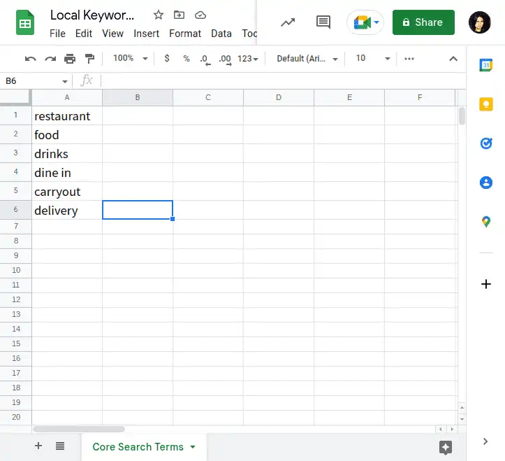 How to Do Local Keyword Research in 2022 28 Spreadsheet - Core Search Terms