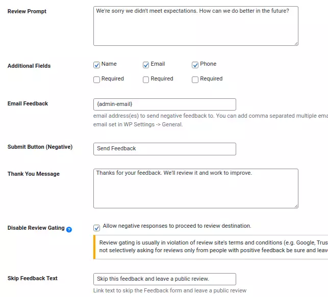 Starfish Reviews - Negative Response Message