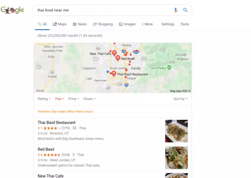 google map search for "thai food near me"
