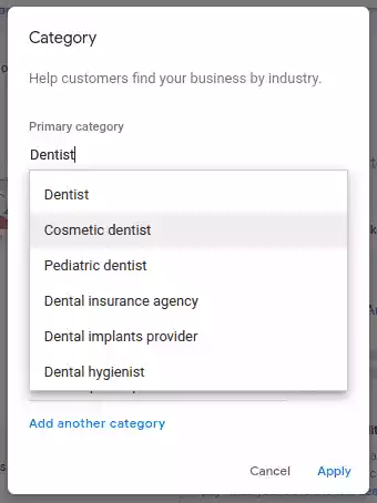 Google Business Profile - Dentist Categories