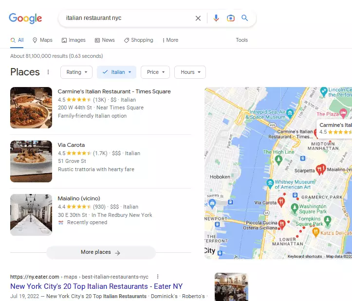 Google Search - Italian Restaurant